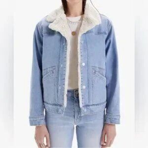 Womens Mother The Off The Grid Sherpa Bless You Blue Denim Bomber Jacket Coat XS